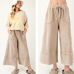 New Easel Mineral Washed Terry Knit Palazzo Wide Leg Pants Mushroom